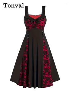 Lässige Kleider Tonval Sweetheart Neck Bow Front Lace Patchwork Vintage Frauen Knöpfe Hohe Taille Fit und Flare Tank Dress