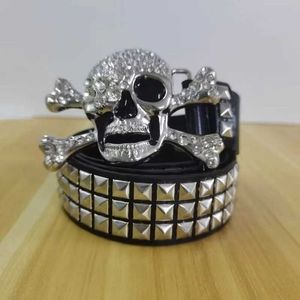 Belts Subcultural Gothic River Belt Trends in Korea Punk Skull Rhinestone Belt Male and Female Street Dance Belt Q240401