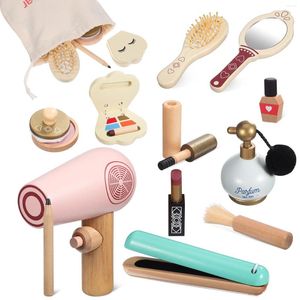 Colares de pingente Conjunto de maquiagem infantil brinquedos para meninas fingir kit salão de beleza criança vaidade acessórios cosméticos de madeira