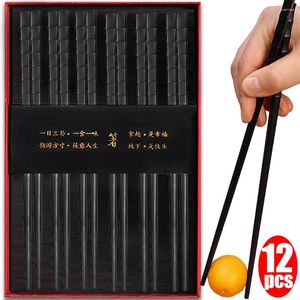 Chopsticks 12-2PCS Chinese Alloy Bamboo Pattern Black Non-Slip Dishwasher Reusable Grade Kitchen Tableware Set