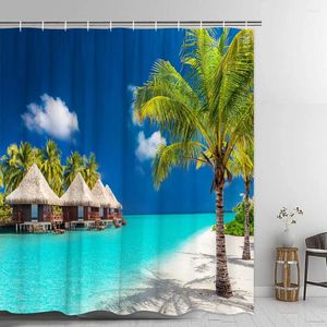 Shower Curtains Summer Seaside Beach Curtain Hawaiian Coconut Tree Blue Sky Lake Scenic Waterproof Fabric Bathroom Decor With Hooks