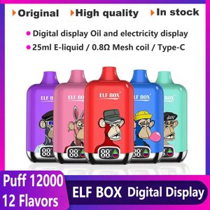 Puf 12000 elf kutusu 12000 puf vapes tek kullanımlık puf 12k vaper dijital ekran e sigara 25ml önceden doldurulmuş pod vape örgü bobin elektronik cigs 2% 5 buhar kalem çubuğu vs bc5000