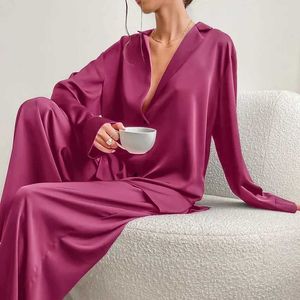 6F2Q Sexy Pyjamas New Oversized Satin Silk Sleepwear Low Cut Sexy Pajamas for Women Single-Breasted Long Sleeves Wide Leg Pants Trouser Night Suit 2404101