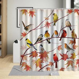 Tende da doccia Autunno Betulle Uccelli Ramo Tenda Albero Cartoni animati Passero Decorazioni per la casa Ganci per bagno in tessuto impermeabile