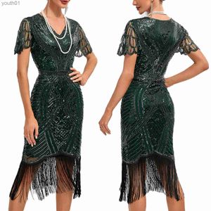 Vestidos casuais básicos Vintage Great Gatsby Party Cocktail Dress for Women Short Sleeve V-deco