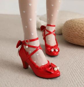 Pompe cinghia incrociata Mary Jane Pompe Spring Women High Teli Fare Fare Cosplay White Red Black Stringla Bow Bow Princess Lolita Scarpe