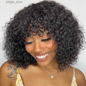 Synthetic Wigs Remy Afro Kinky Curly Wig With Bangs Human Hair Glueless Wigs Short Pixie Bob Cut Human Hair Wigs With Bangs Highlight Bob Wig Y240401