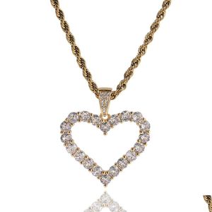 Pendant Necklaces 24Inch Stainless Steel Hip-Hop Diamond-Studded Pendant Necklaces Simple Design Hollow Love Heart Chains Rope Jewelry Dhjfb