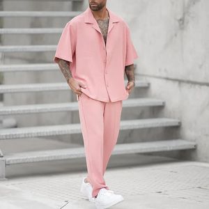 Moda verão camisas e calças de duas peças conjuntos dos homens tendência cor sólida terno masculino rosa tamanho grande camisolas ropa hombre 240326