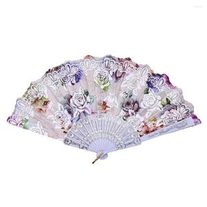 Dekorativa figurer Flower Fans Vintage Rose Print Chinese Style Dance Wedding Party Hand Spets Silk Folding Hold Fan Abanico 2024