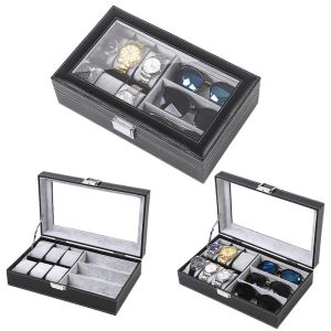 Sunglasses 6+3 Slots Pu Leather Watch Sunglass Organizer Box Display Holder Cases Multifunctional and Effective Storage for Men and Women