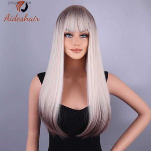 Syntetiska peruker Emmor Long Platinum Blonde vit peruk med Bang For Women Natural Straight Cosplay värmebeständig fiber Syntetisk hår Y240401