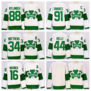 Costurado 2024 Auston Matthews 34 Marner 16 Nylander 88 Tavares 91 Morgan Rielly 44 White St. Patricks Jersey Toronto St.Pats Hóquei Jerseys S-XXXL Homens Jersey Novo