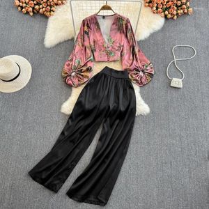 Women's Two Piece Pants High Waist Wide Leg Womens Peice Sets V-neck Printing Lantern Sleeve Shirts For Women Fashion Suit Woman Clothes LM