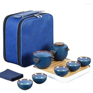 Teaware Sets Travel Ceramic Tea Set - Portable Bag Black 1 Pot 5 Cups Outdoor Cup