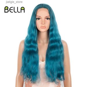 Wigs sintetiche Bella Wig Synthetic Lace Wig da 28 pollici a T-parto ondulato lunghe Wigs Ombre Blue Bionda Colore Cosplay Sintetico Wig Resistente al calore Fibra Y240401