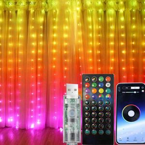 LED -strängar Fairy Curtain Light DC5V RGBIC WS2812B Smart String Bluetooth App Control Christmas 3*1M 3*3M YQ240401