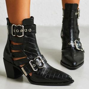 Boots Europe America Women Boots Pu 6.5cm Square Heel Pointed Toe Back Zipper Street Style British Style Hollow Womens Shoes New Black