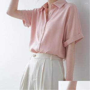 Womens Blouses Shirts Summer Thin Satin Draped Short Sleeve Button Up Chiffon Shirt For Women Japanese Style Loose Pink Green Cute Swe Otvsb