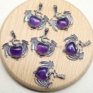 Pendant Necklaces 10Pcs Colorful Dragon Natural Stone Amethyst Quartz Crystal Heart Bead Pendant for DIY Jewelry Necklace Pendant Women Gifts 240401