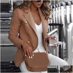 Womens Suits Blazers Nedeins Women Jacket Double Breasted Blazer Autumn Casual Long Sleeve Slim Fit Jacketes Solid Color Plus Size Coa Dh0Qc