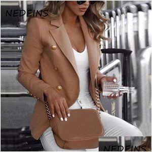 Damen Anzüge Blazer Nedeins Frauen Jacke Zweireihiger Blazer Herbst Casual Langarm Slim Fit Jacken Einfarbig Plus Größe Coa Dh0Qc