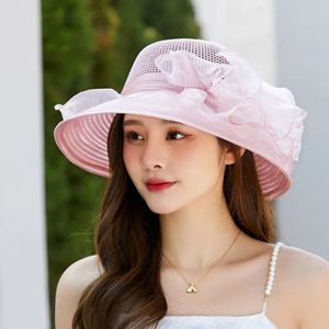 Summer Organza Sun Hat for Women Elegant Flower Church Fascynator Lady Tea Party Wide Brim Antiuv Beach 240320