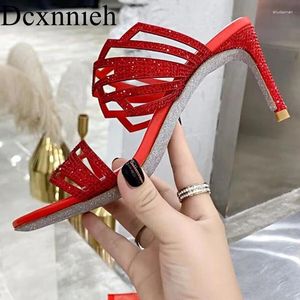 Tofflor Rhinestone Decor Thin High Heel Women's Hollow Out Sexiga pumpar Summer Ladies Party Dress Shoes Wedding