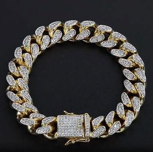 Mens 18K Yellow Gold Plated Cuban Bracelet Full Icy Miami Zircon 14mm Miami Cuban curb Link Box Lock 7inch 8inch