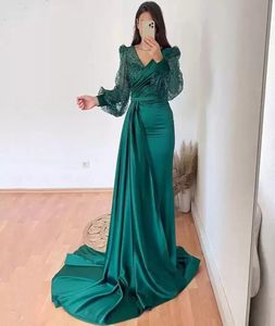 Dark Green Mermaid Evening Dresses Long Poet Sleeves V Neck Sparkly Sequins Custom Made Plus Size Prom Party Gown vestidos Sain Fo2143751