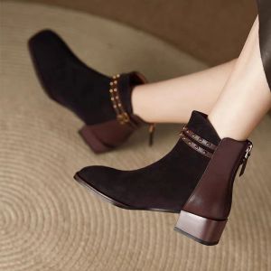 Boots Brand Chelsea Women Mid Heels Boots Chunky Suede Shoes Designer Winter 2023 New Square Toe Ankle Boots Pumps Goth Mujer Zapatos