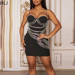 Casual Dresses HLJ Black Elegant Rhinestone Women Party Dress Mini Dimonds Sheath Spaghetti Strap Bodycon Birthday Outfits Clubwear