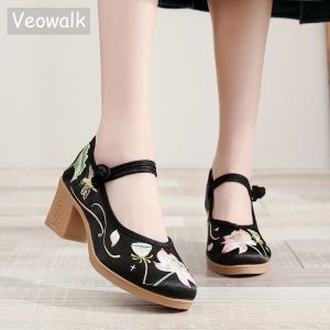 Pumpar Veowalk Chinese Style Women 6cm High Block Heel Satin Cotton Tygskor Bekväma damer Casual broderade kostympumpar