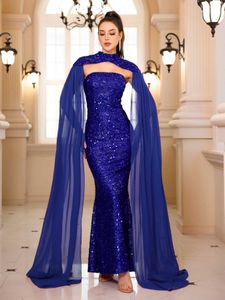 Runway Dresses Strapless High Neck Sequined Evening Maxi Dress Chiffon Flying Slve Luxury Prom Gown for Women T240518