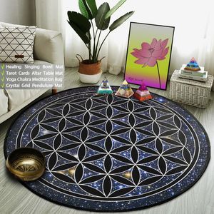 Flower Of Life Round Rug Psychedelic Starry Night Galaxy Carpet Yoga Meditation Mat Reiki Magic Tarot Altar Card Pads 240401