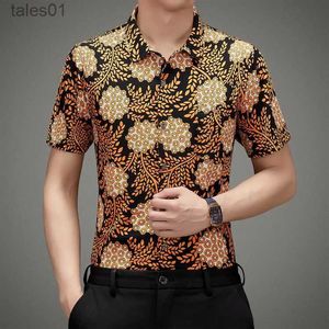 メンズプラスティーポロスメンメーター化されたコットンフローラルシャツ2023新しい夏半袖男性カジュアルドレスシャツファッション印刷シャツYQ240401