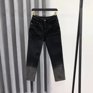 Jeans femininos cor gradual mais lã perna reta mulheres 2024 inverno moda broca grossa nove minutos calças de tubo