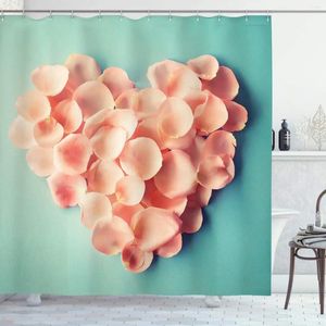 Cortinas de chuveiro rosa flor cortina em forma de coração pétalas florais presente do dia das mães pano decoração do banheiro conjunto com ganchos pêssego hortelã