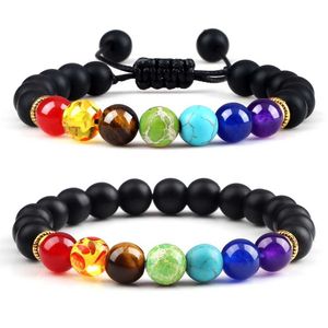 Chain 2PCS Natural Stone 7 Chakra Treatment Beads Adjustable Woven Bracelet for Men 8mm Lava Elastic Bracelet for Womens Spiritual Buddha Jewelry Q240401