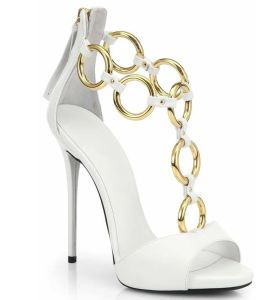 Sandalen sexy weißer Leder Gold Kreis T -Gurt Frauen Bankett Sandalen dünne High Heel Metall Ring mit Peep Toe Party Schuhe
