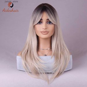 Synthetic Wigs Blonde Highlights Wig with mid-part blonde bangs Wig Natural synthetic Heat resistant fiber for festive wear (24 inches) Y240401