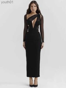 Basic Casual Dresses Mozision Elegant Hollow Out Bodycon Sexy Maxi Dress For Women Fashion Mesh Sheer Long Sleeve Club Party yq240402