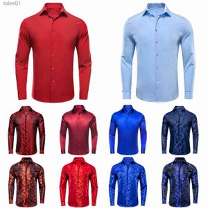 Men's Plus Tees Polos Hi-Tie Red Burgogne Navy Royal Blue Silk Men Shirts Lapel Jacquard Långärmad klänningsdräkt Skjorta Blus för manlig bröllopsföretag YQ240401