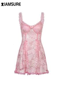 IAMSURE dolce e carino abito in pizzo con camicetta trasparente sexy sottile senza maniche con volant e fiocco ALine mini abiti per le donne estate primavera Lady 240401