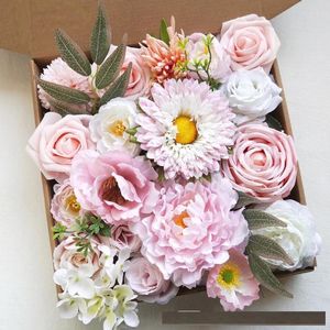 Decorative Flowers Artificial Silk Heads Wedding Party Flower Box Bouquet Rose Pink Handmade Simulation DIY Holding Fake