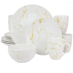 Plates Elama Fine Marble 16 Pieces Stoare Dinnerware Set In Gold And White Serving Dishes Dinner