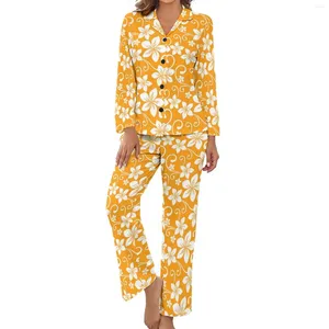Hemkläder tropiska blommiga pyjamas gula blommor trycker långärmad modeuppsättning 2 stycken estetisk höst design kostym gåva