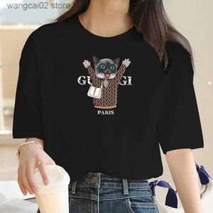 T-shirt das mulheres Verão Mulheres T-shirt Bonito Cat Print Crewneck Casual T-shirt 90s Strt Y2K Tendência Bonito Curto Slve Mulheres T-shirt Gráfico T240401