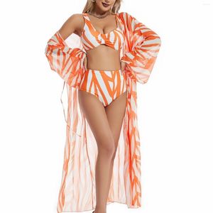 Kvinnors badkläder Tre -stycke Fashion Split Stripe Print Cover Sun Plus Size Swim Shorts för kvinnor