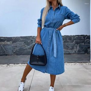 Casual Dresses Vintage Women Single Breasted Slim A-line Dress Elegant Lace Up Long Sleeved Spring Turn-down Collar Imitation Denim